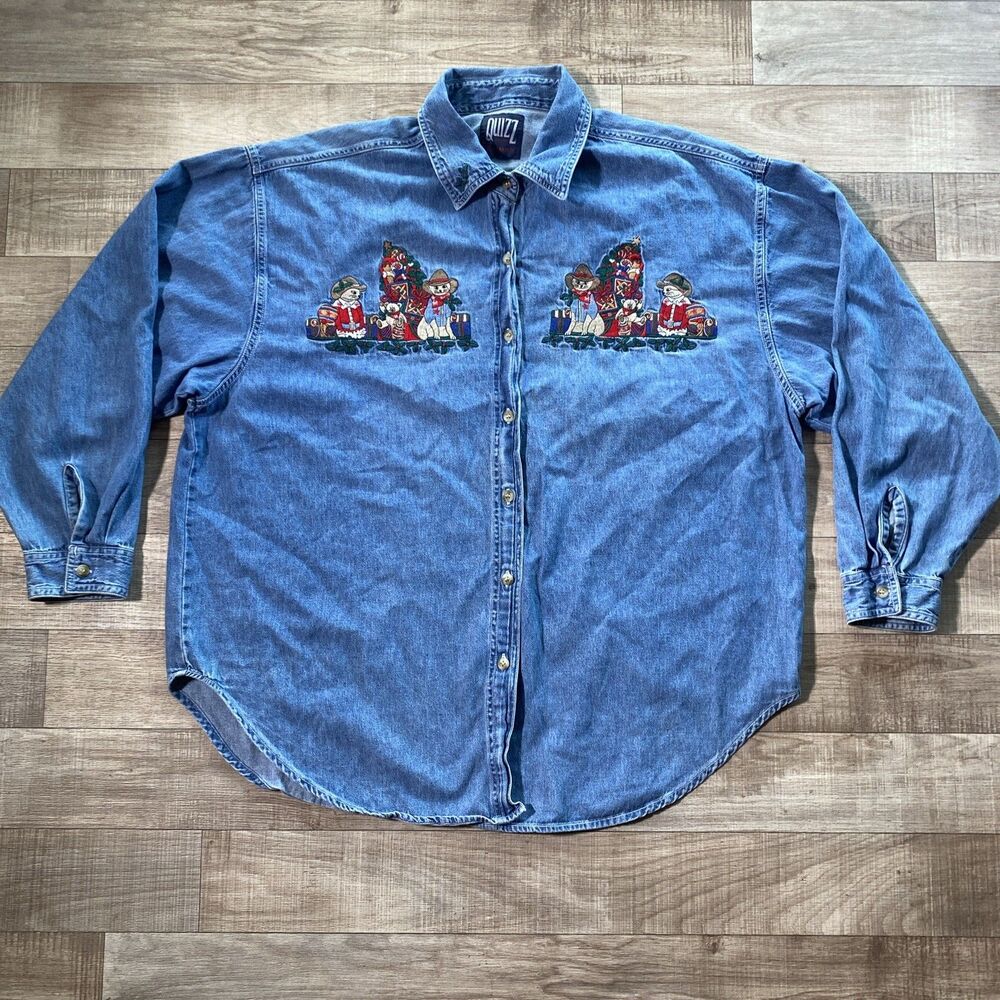Christmas Denim Shirt Embroidered Christmas Teacher Cottagecore Quizz New York